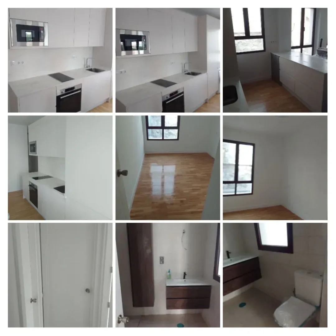 Nueve fotografías de un apartamento moderno blanco, incluida la cocina, la sala de estar y el baño.