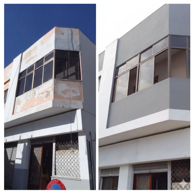 Antes y después del exterior de un edificio. Edificio antiguo con pintura descascarada, edificio nuevo pintado de gris con un aspecto moderno.