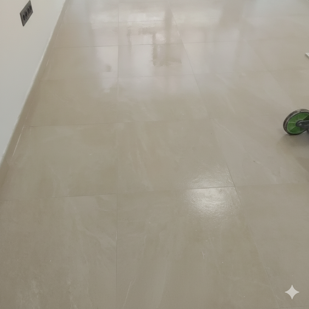 Suelo de baldosas de color tostado con reflejos; pequeña máquina a la derecha.