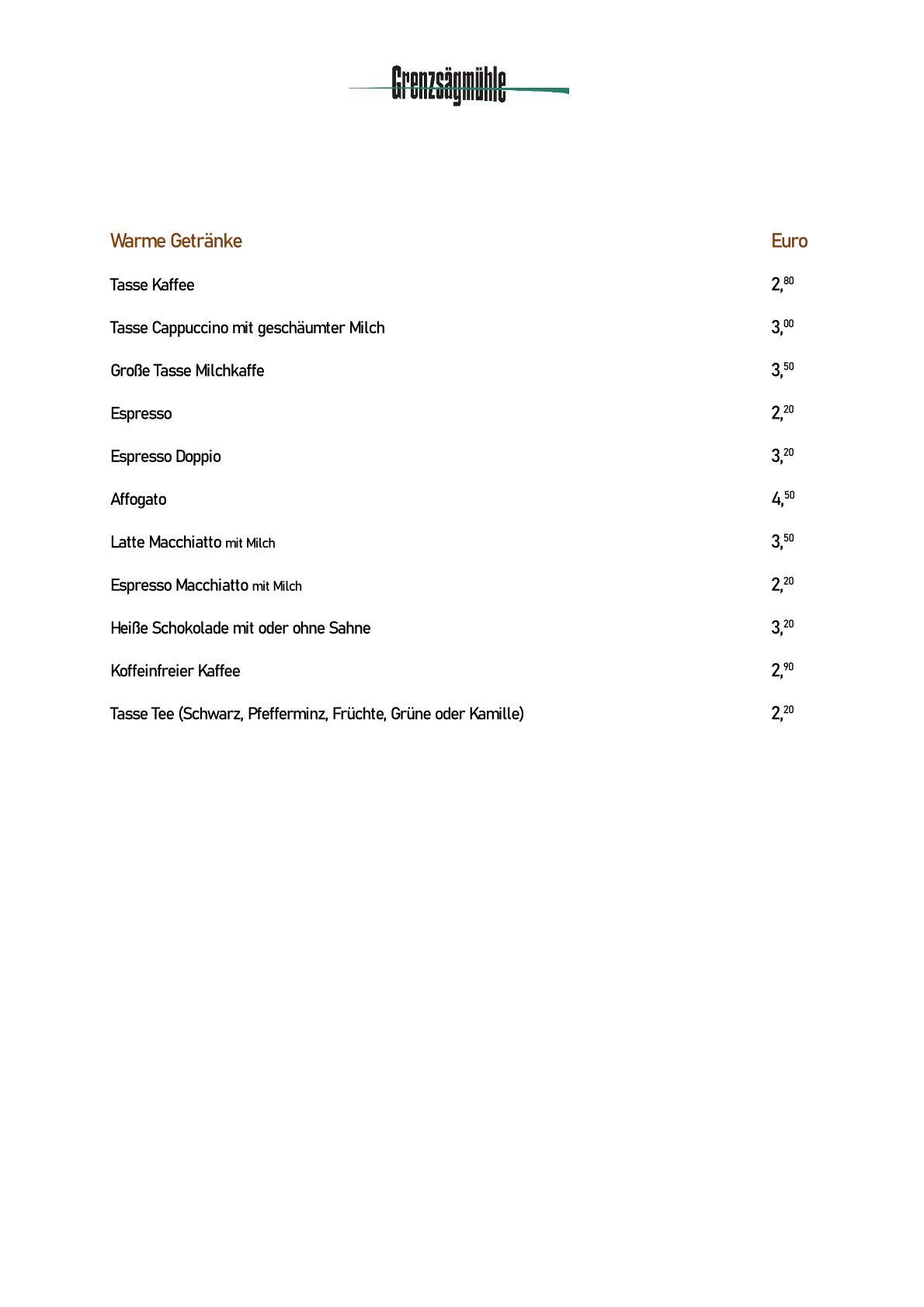 Getränkekarte Restaurant