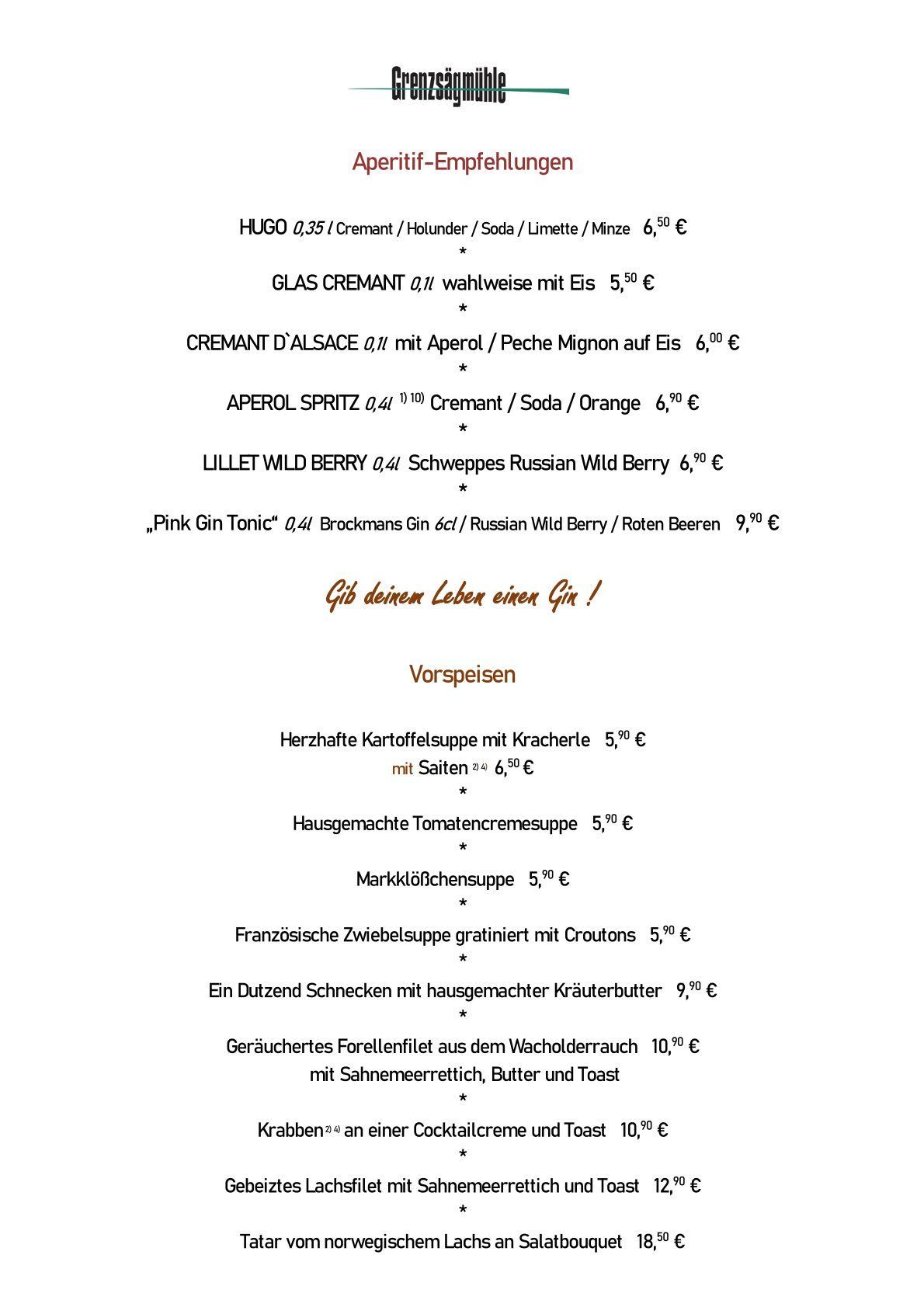 Speisekarte Restaurant