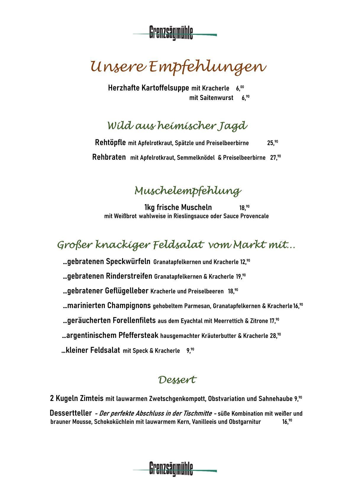 Restaurant-Karte mit Empfehlungen