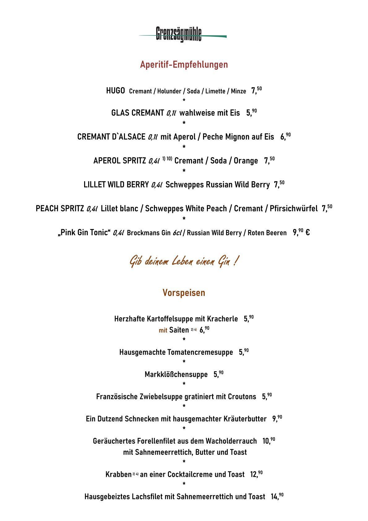 Speisekarte Restaurant Seite 1