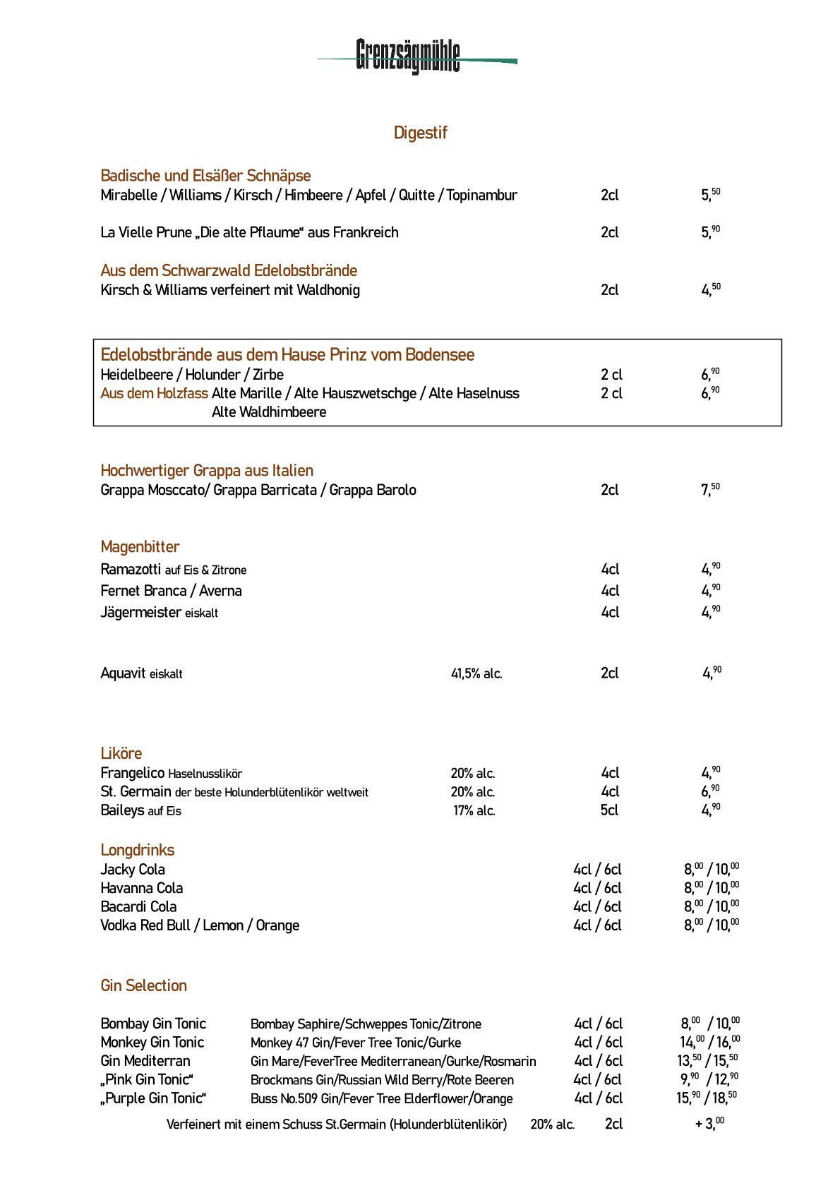 Getränkekarte Restaurant