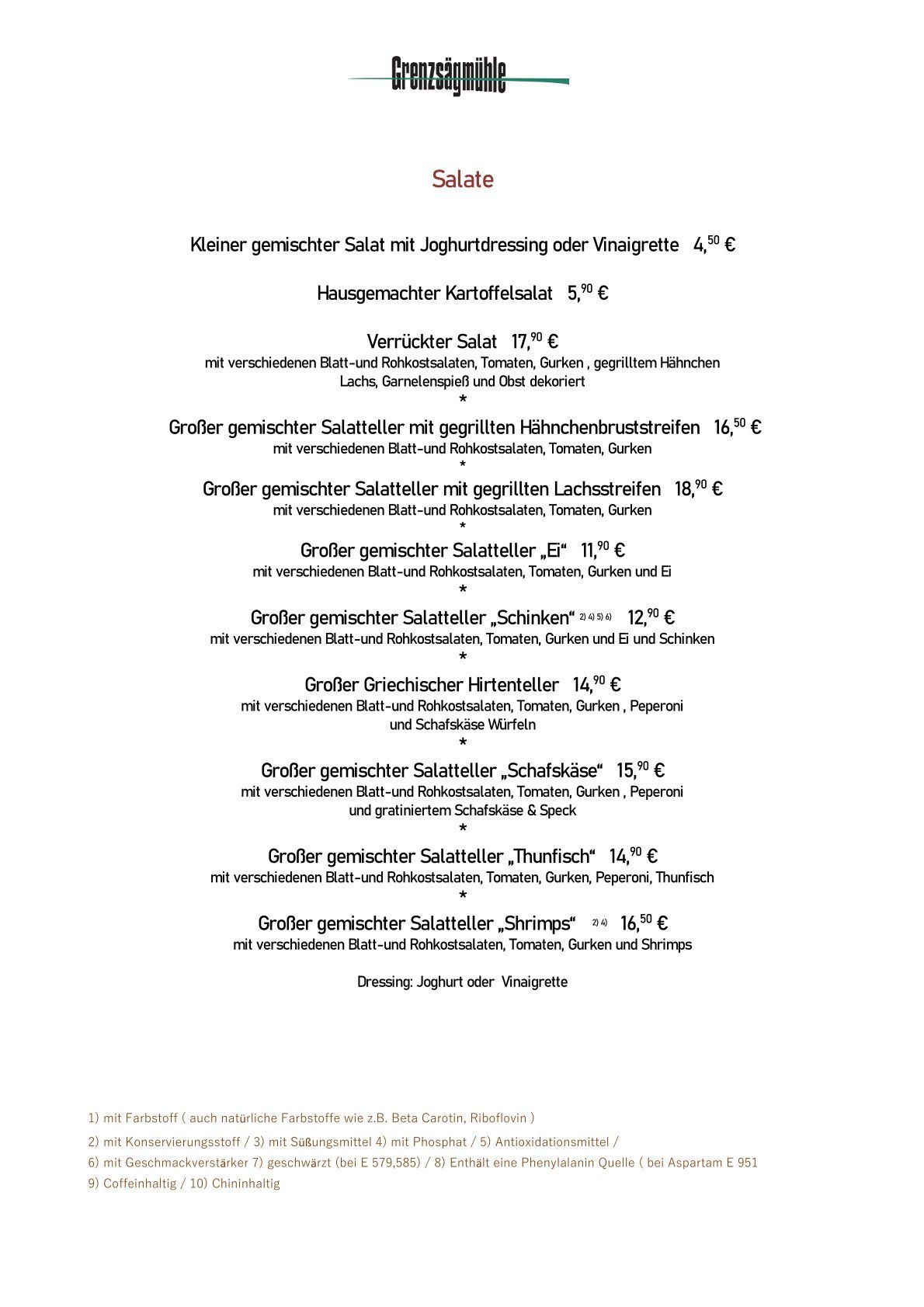 Speisekarte Restaurant