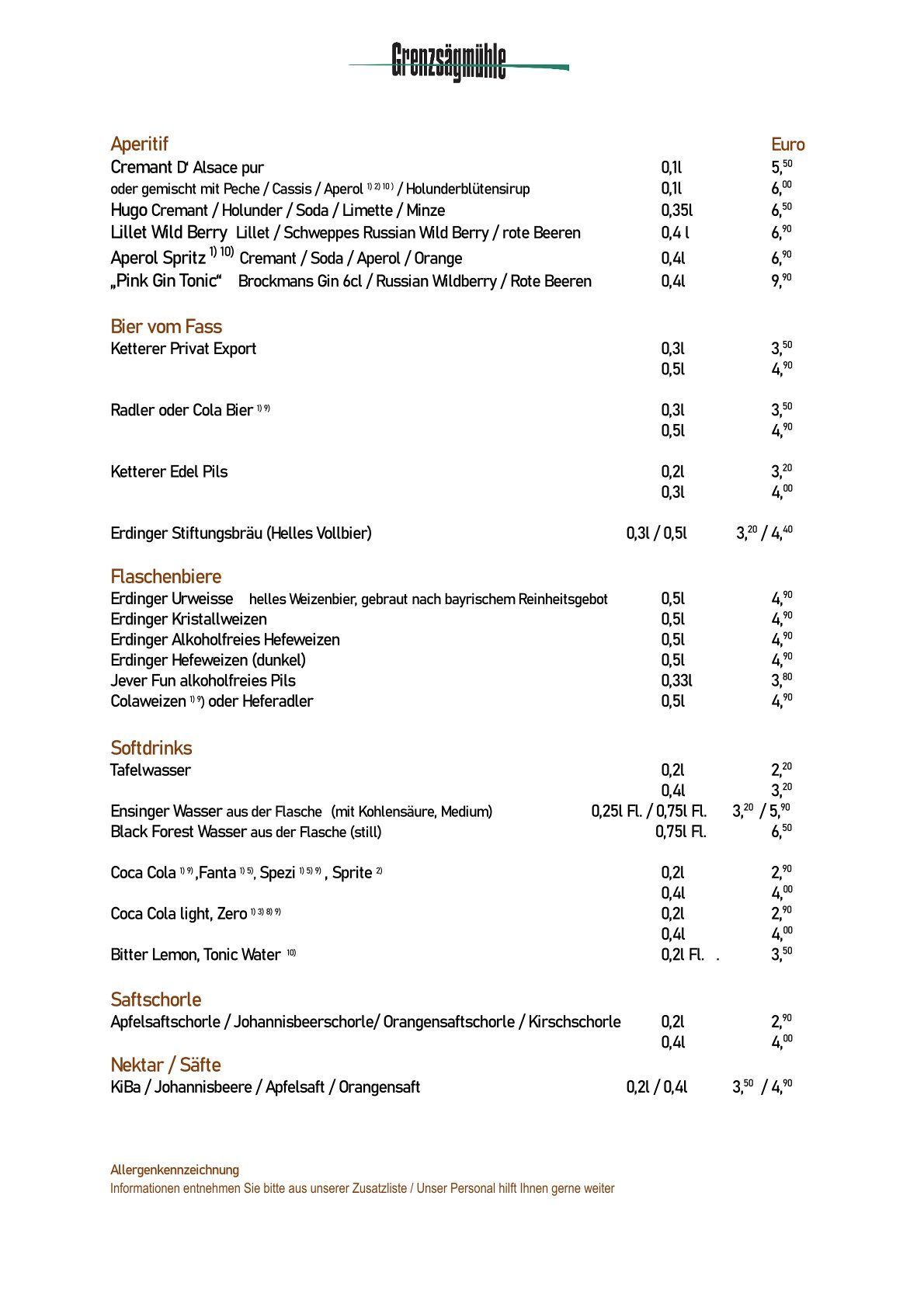 Getränkekarte Restaurant