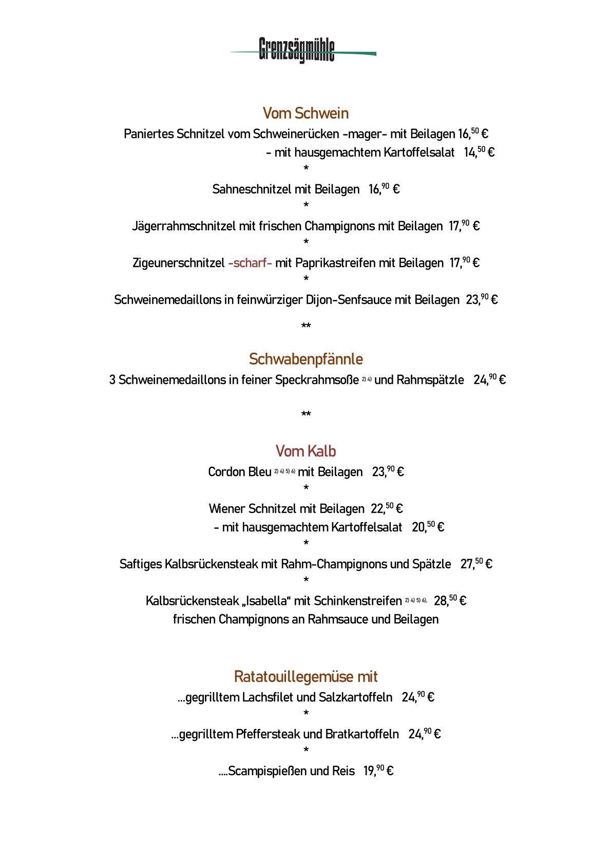 Speisekarte Restaurant