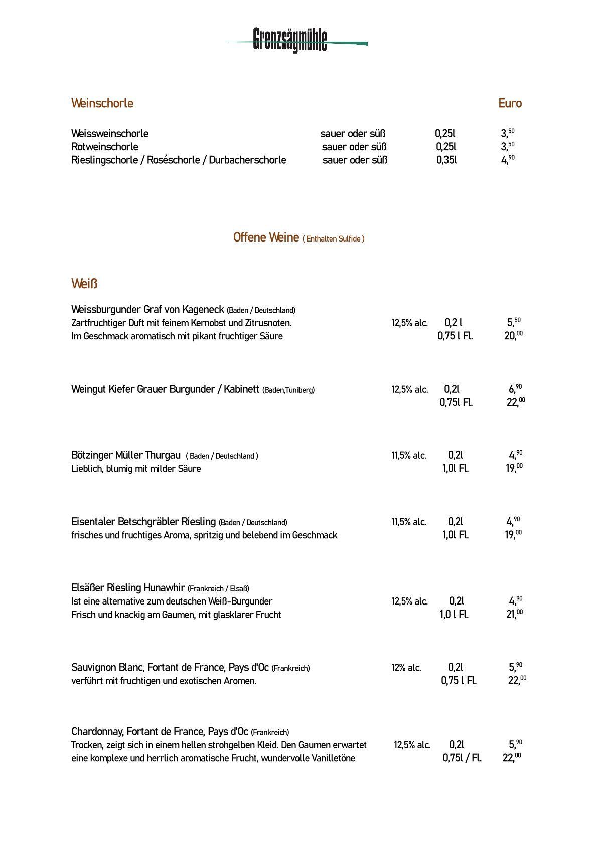 Getränkekarte Restaurant