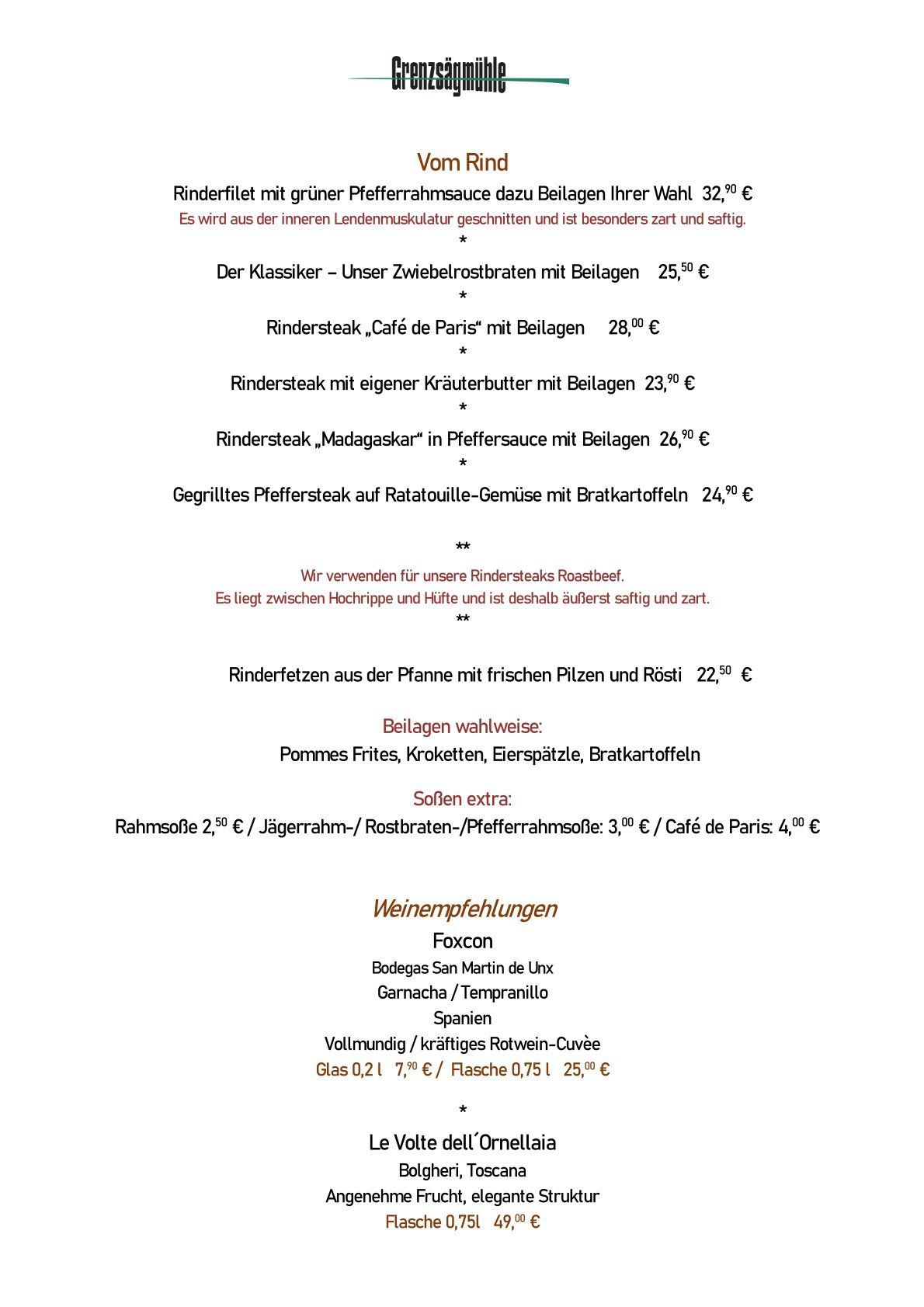 Speisekarte Restaurant