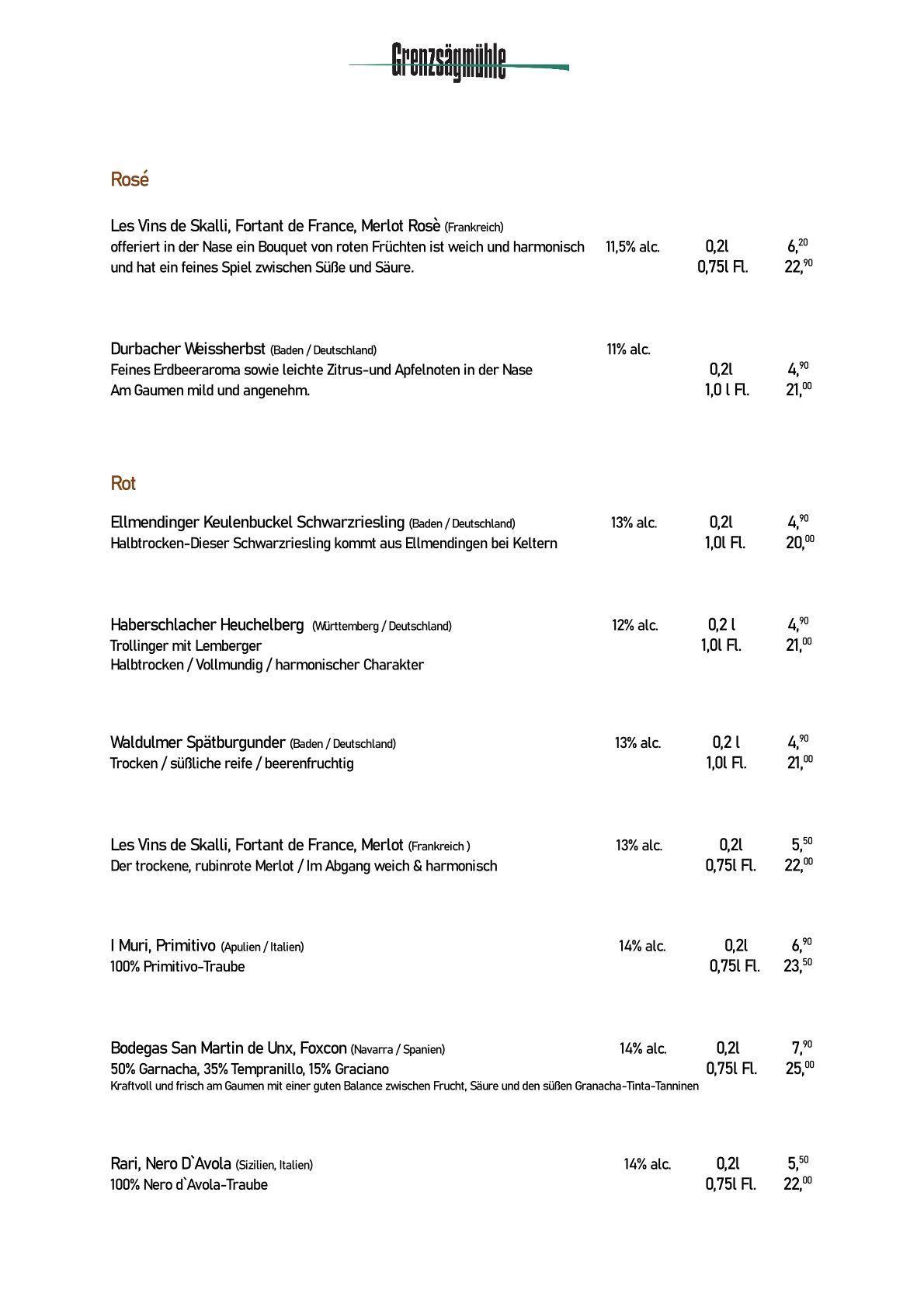 Getränkekarte Restaurant