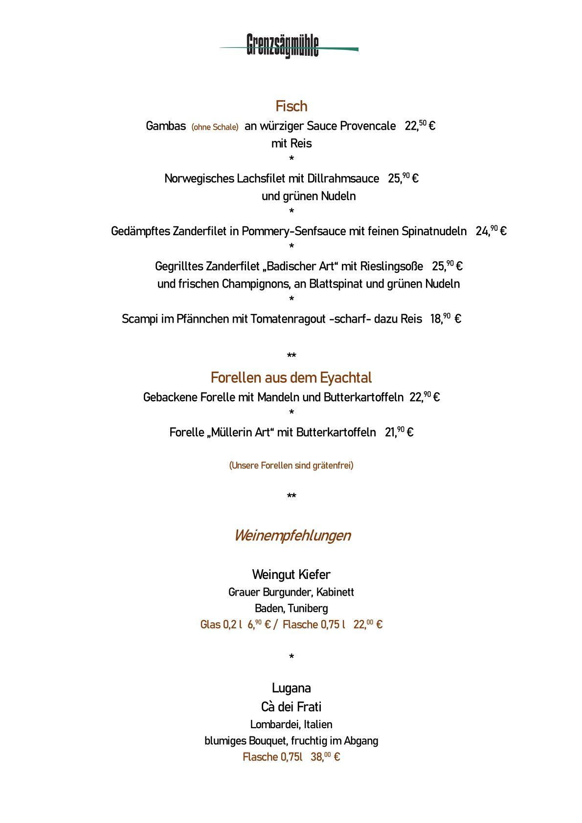 Speisekarte Restaurant