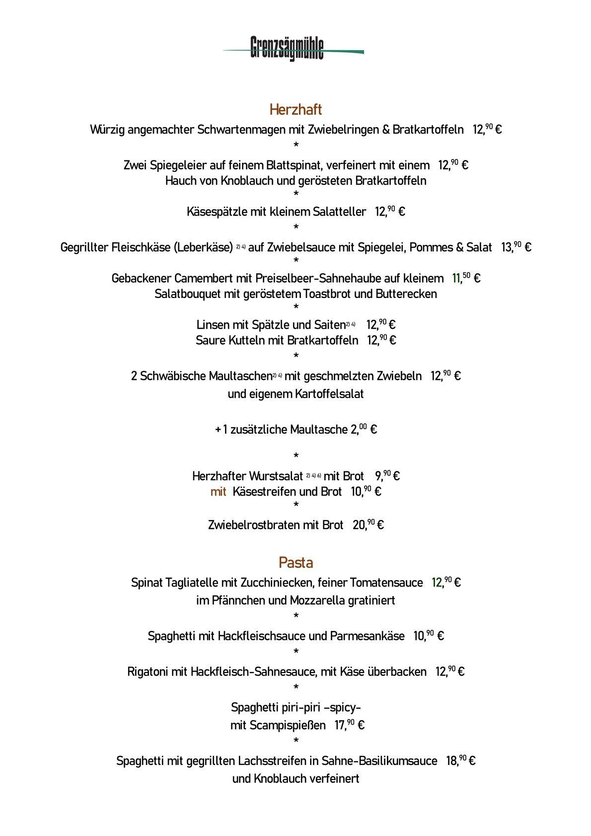 Speisekarte Restaurant