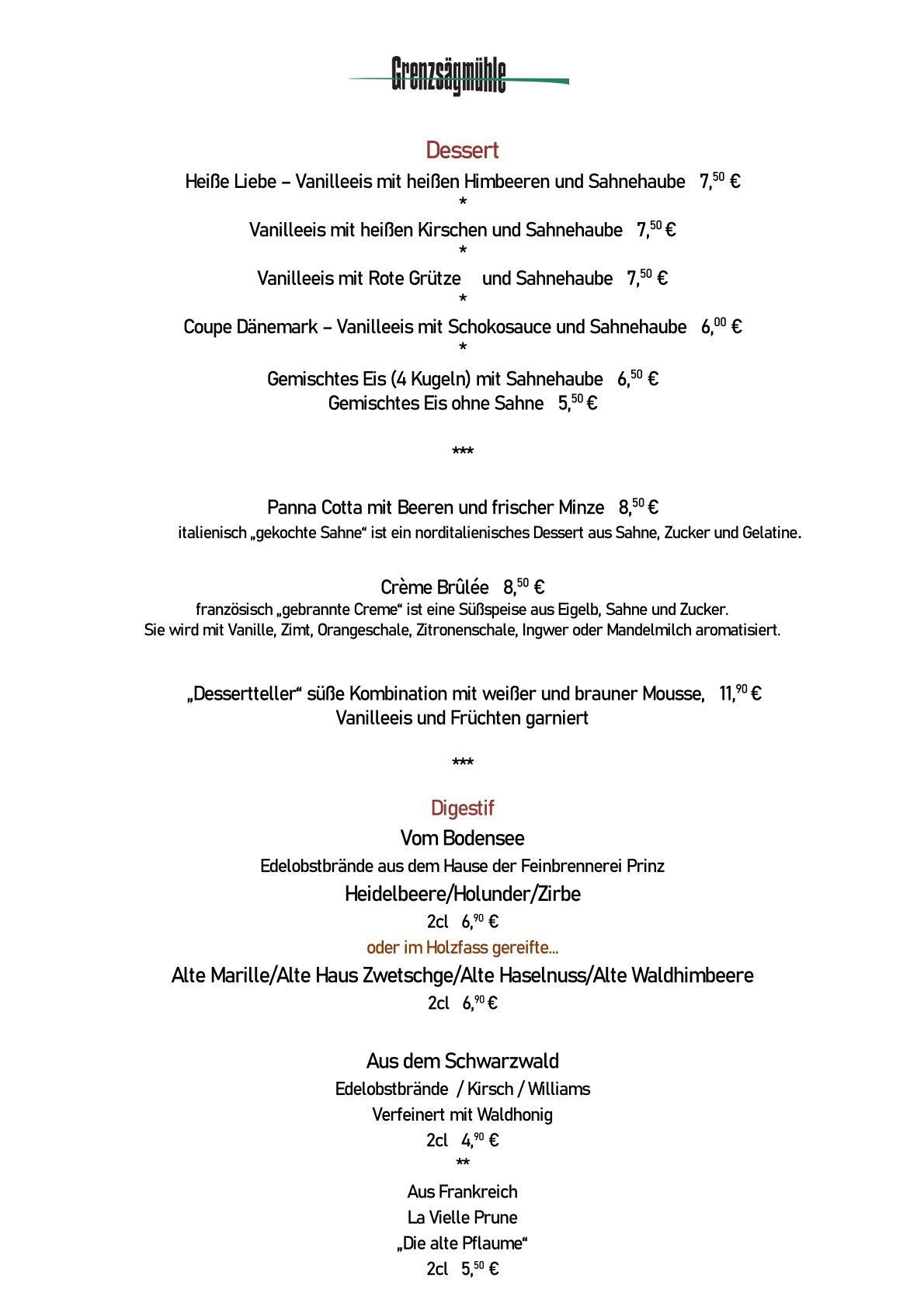 Speisekarte Restaurant