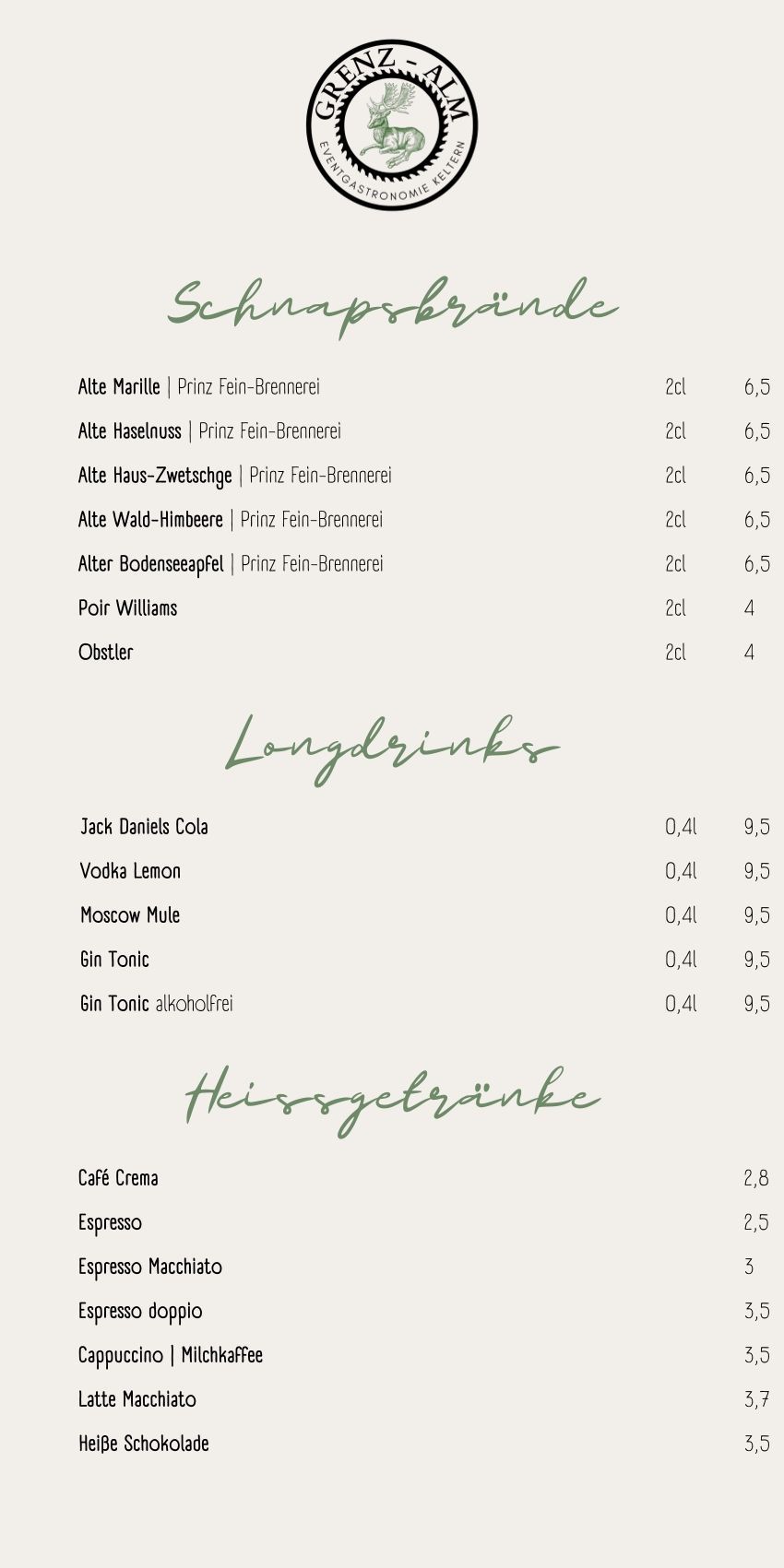 Speisekarte Grenzalm