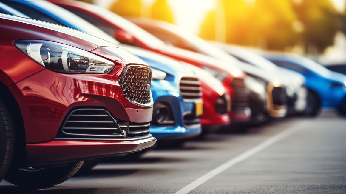 Rangée de voitures garées sur le parking d'une concession automobile, avec une voiture rouge au premier plan et la lumière du soleil en arrière-plan.