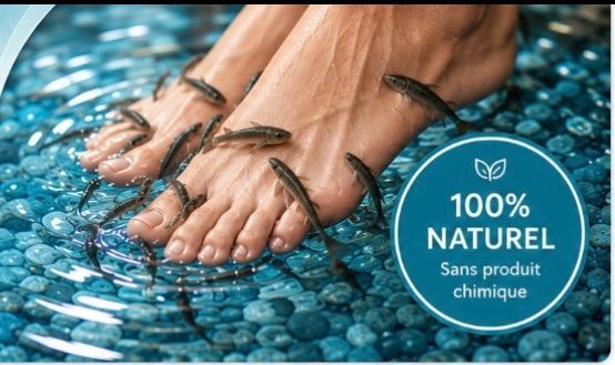 Des poissons mordillent les orteils d'une personne sous l'eau dans un aquarium bleu.