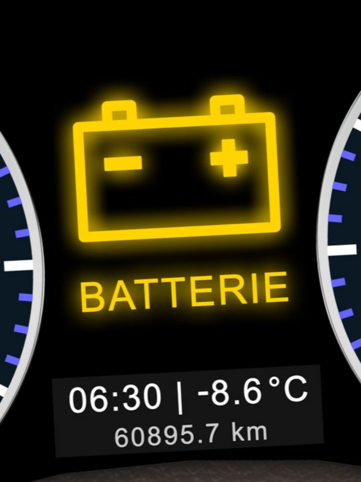 Le voyant jaune d'avertissement de batterie s'allume sur le tableau de bord d'une voiture.