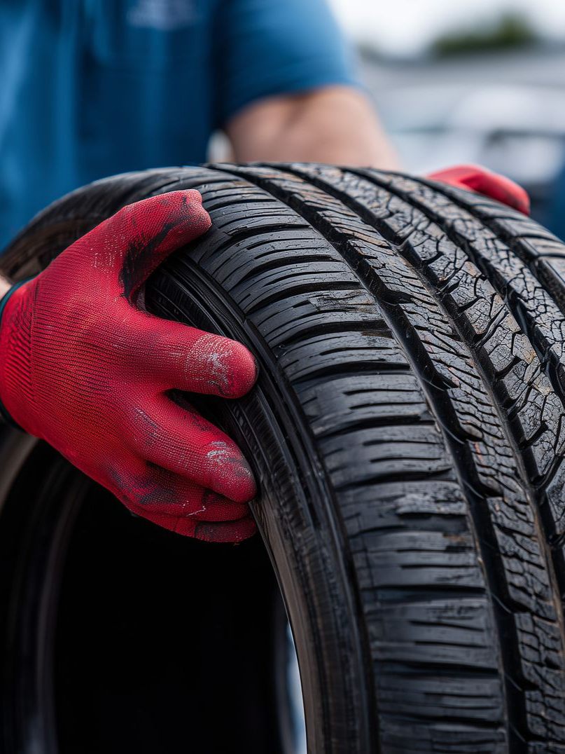 Gros plan d'une personne portant des gants rouges tenant un pneu.