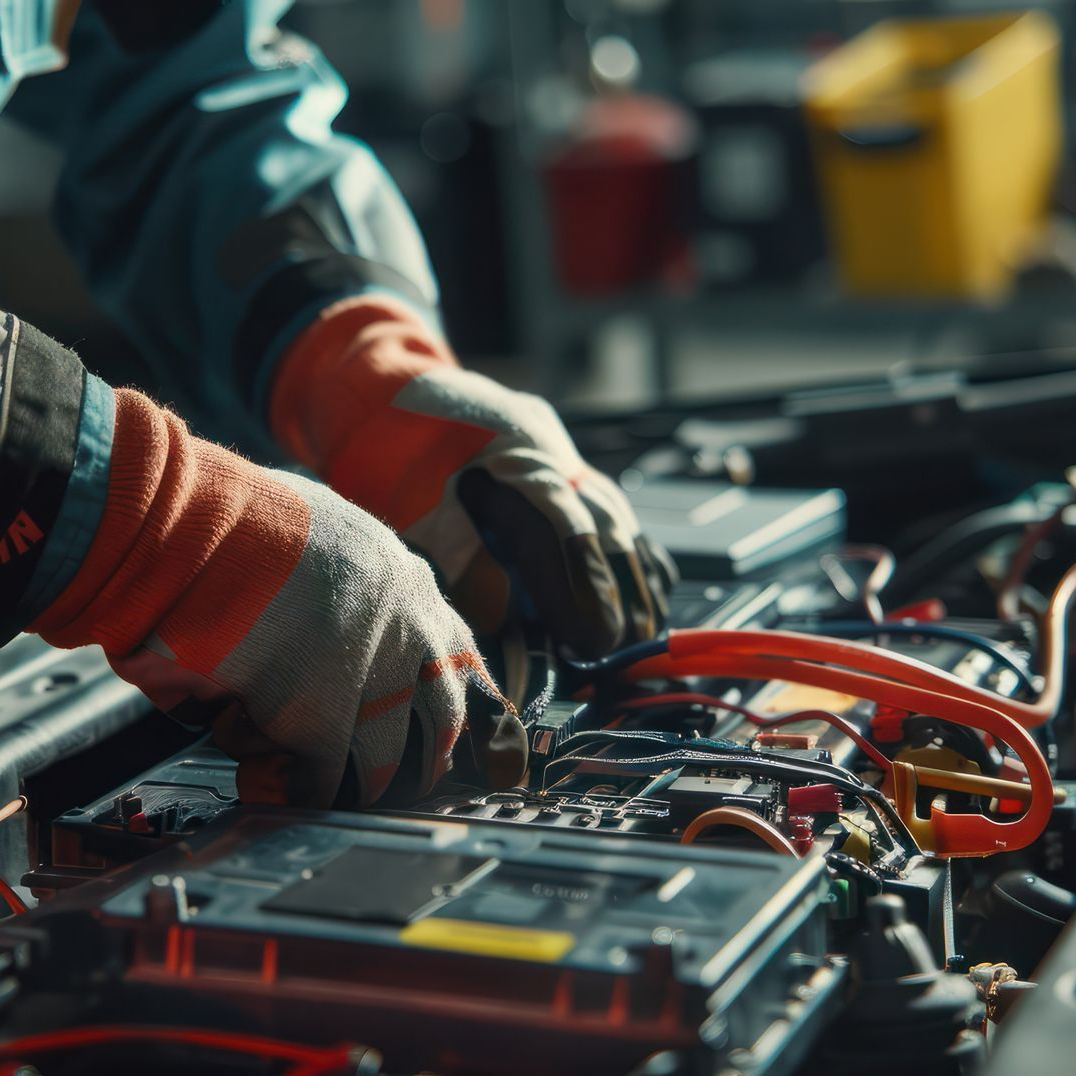 Mains gantées d'un mécanicien travaillant sur un moteur de voiture, gants orange et noirs, intérieur d'un garage.