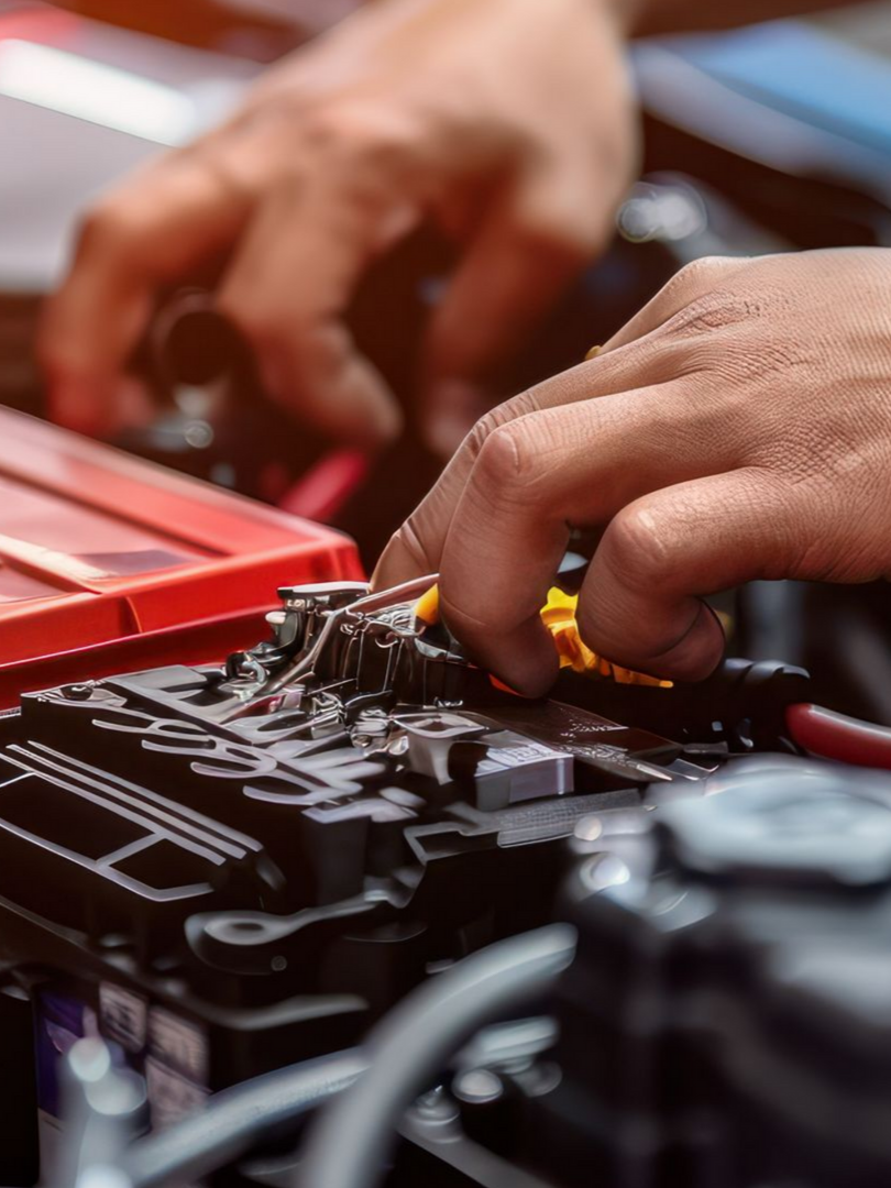 Des mains manipulent les composants électriques d'une voiture ; batterie rouge, plastique noir, gros plan.