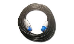 Un cable negro con conectores azules y blancos sobre un fondo blanco.