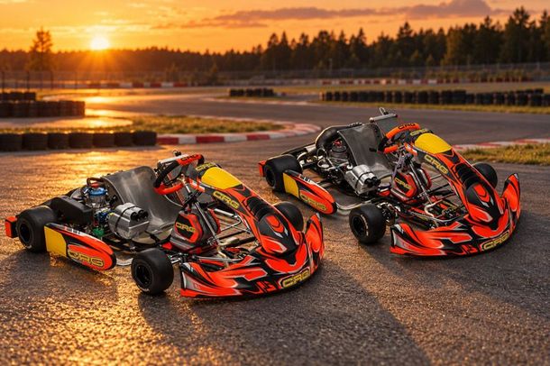 Karting autot CRG ilta-auringossa KT2 KT4 KT5 KZ DD2 Racing Service Jaatinen