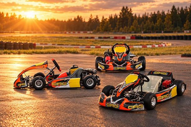 Karting autot CRG Bambina Cadet Puffo Black Mirror ilta-auringossa Racing Service Jaatinen
