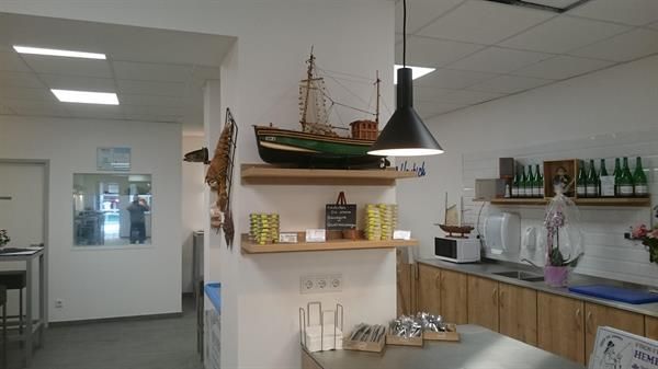 Eine Küche mit einem Boot auf einem Regal und einer Lampe, die von der Decke hängt.