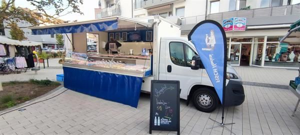 Ein weißer Lieferwagen mit blauer Markise steht am Straßenrand.
