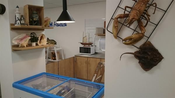 Eine Küche mit Gefrierschrank und einem Hummer an der Wand.