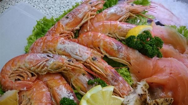 Ein Teller mit Garnelen, geräuchertem Lachs, Salat und Zitronenscheiben.