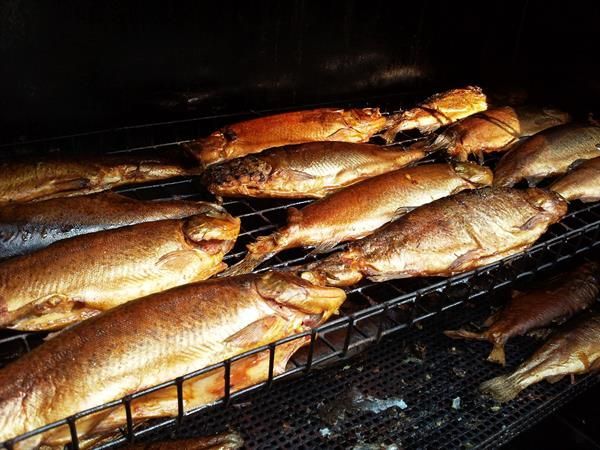 Ein Haufen Fische werden auf einem Grill zubereitet