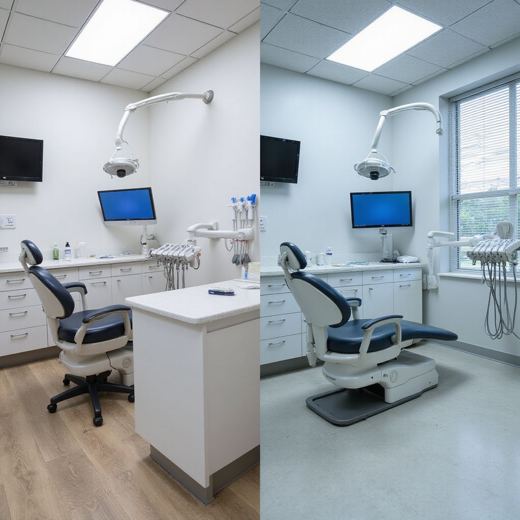 Sala de examen dental, paredes blancas, sillón dental, monitor, equipo.