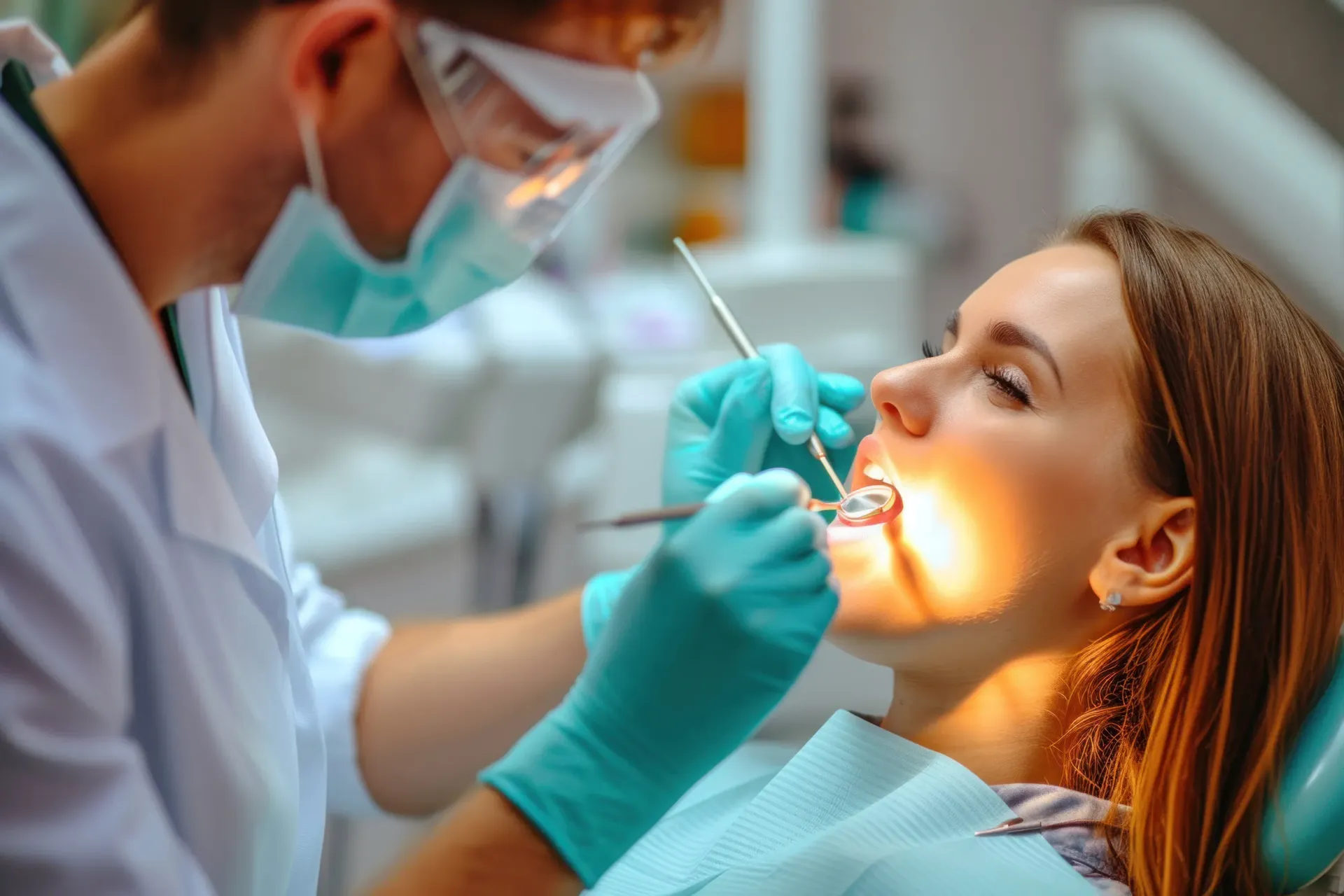 Dentista examina los dientes del paciente con herramientas en un consultorio dental; una luz brillante ilumina la boca.