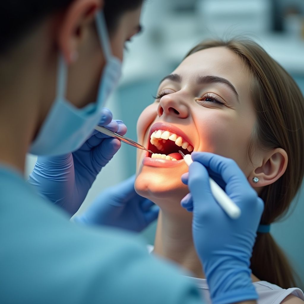 Dentista examinando la boca abierta de un paciente con instrumental dental. Guantes azules, mascarilla y equipo dental.