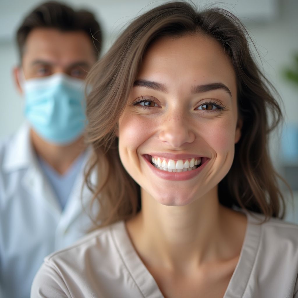 Mujer sonriendo ampliamente en un consultorio médico, con un dentista con una máscara en el fondo.