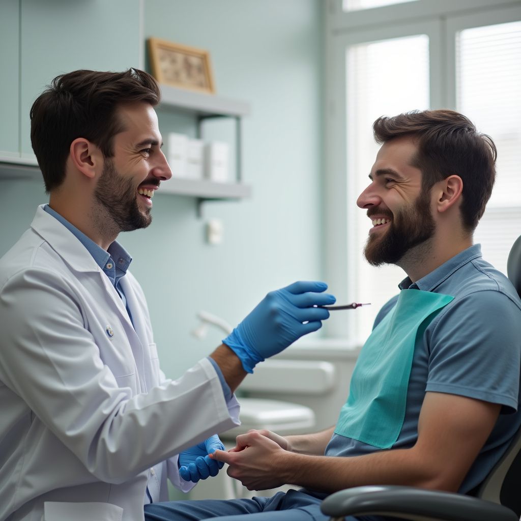 Dentista examinando los dientes del paciente con una herramienta en un consultorio dental, ambos sonriendo.