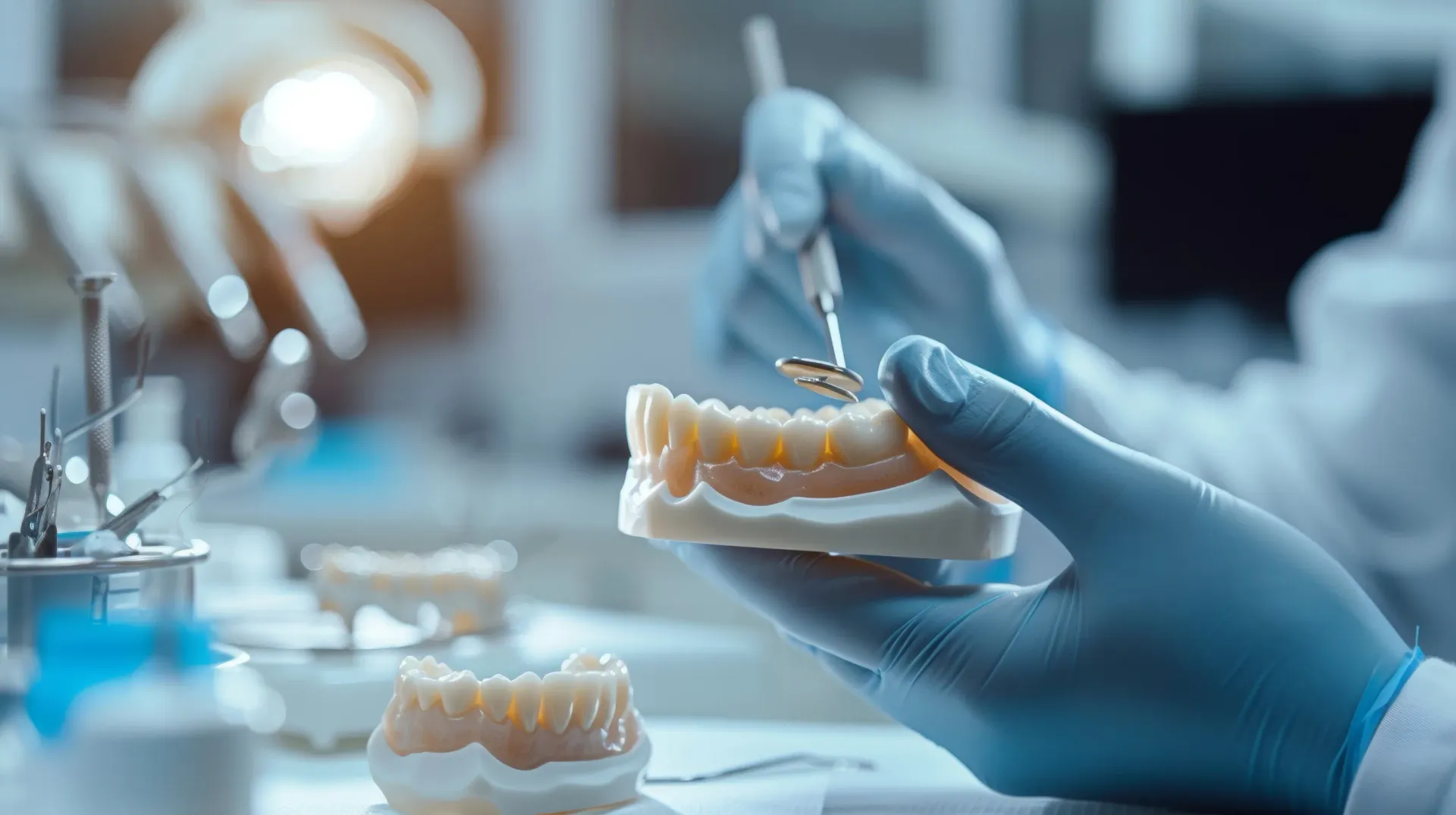 Manos enguantadas de un dentista sosteniendo un modelo dental y utilizando una herramienta. 