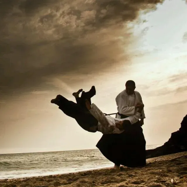 Dos hombres están practicando artes marciales en la playa.