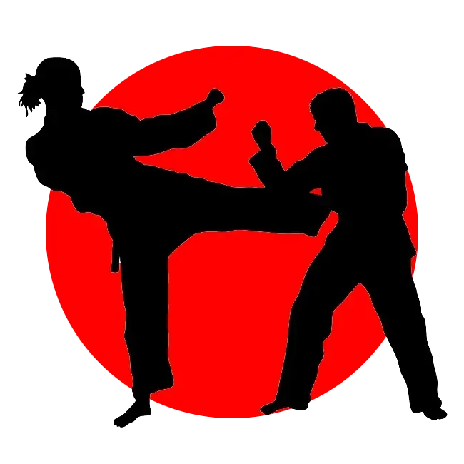 Un hombre y una mujer están practicando karate frente a un círculo rojo.