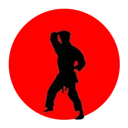 Una silueta de un karateca en un círculo rojo.
