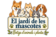 Logo de “El jardí de les mascotes”, con perros y gatos sobre un letrero y el texto “Botiga d’animals i plantes”.