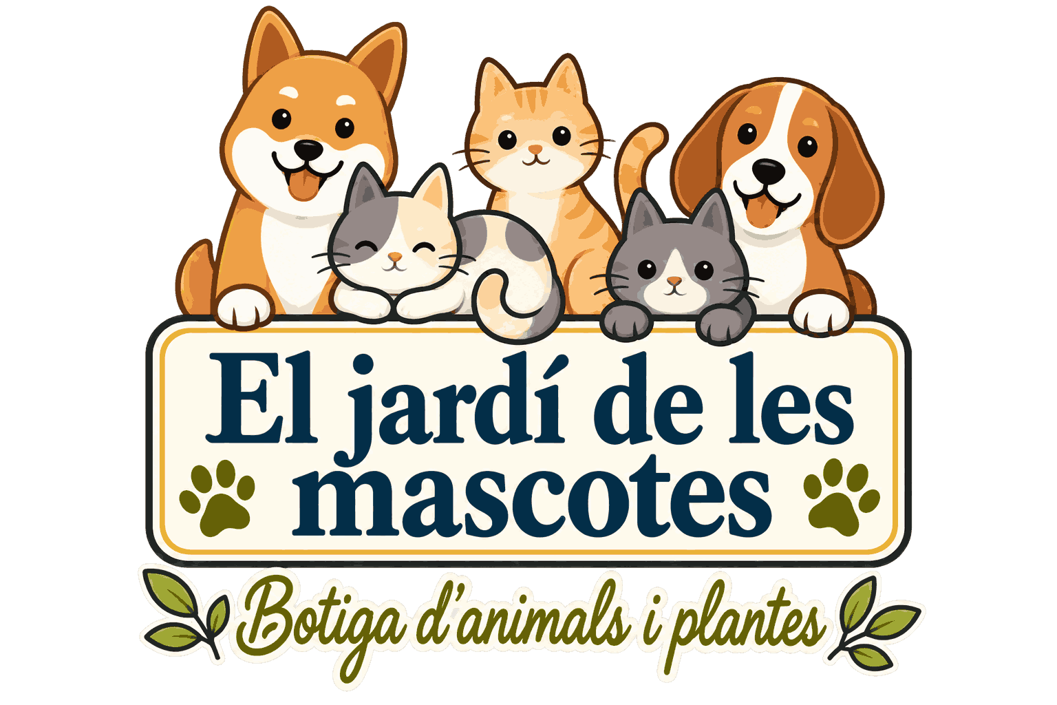 Logo de “El jardí de les mascotes”, con perros y gatos sobre un letrero y el texto “Botiga d’animals i plantes”.