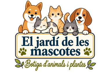 Logo de “El jardí de les mascotes”, con perros y gatos sobre un letrero y el texto “Botiga d’animals i plantes”.