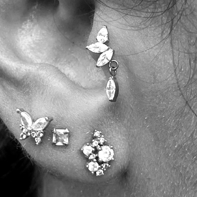 Une photo en noir et blanc montrant de nombreux piercings à une oreille