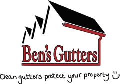 Logo for Ben's Gutter Cleaning: black roof design with red gutter and text, "Ben's Gutters".