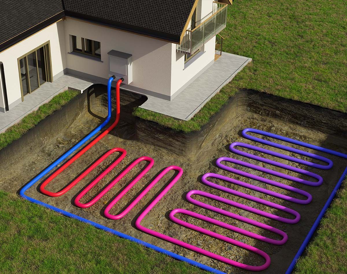 Vue d'une découpe 3D d'une installation de géothermie pour une maison individuelle