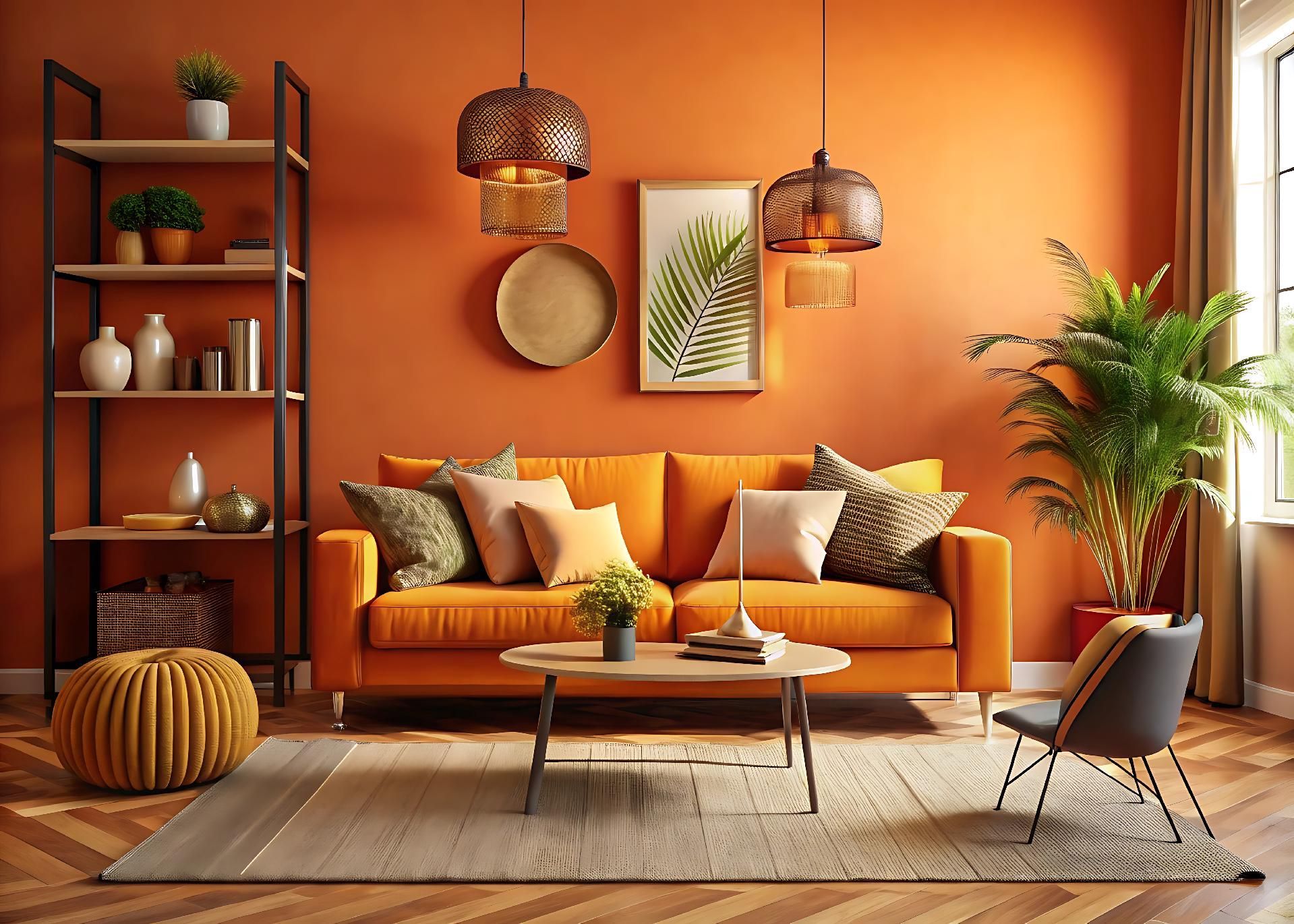 Wohnzimmer mit orangefarbenen Wänden, Sofa und Dekor; Pflanzen, Teppich, Bücherregal und gemustertem Boden.