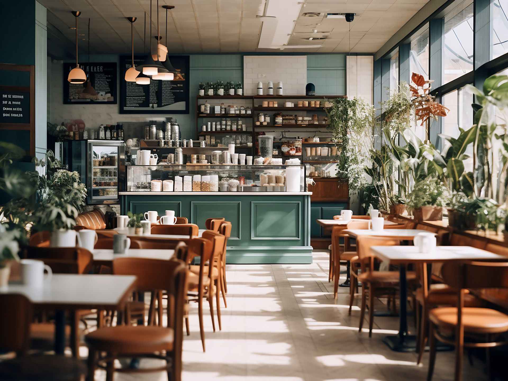 Un restaurante lleno de mesas y sillas y muchas plantas.