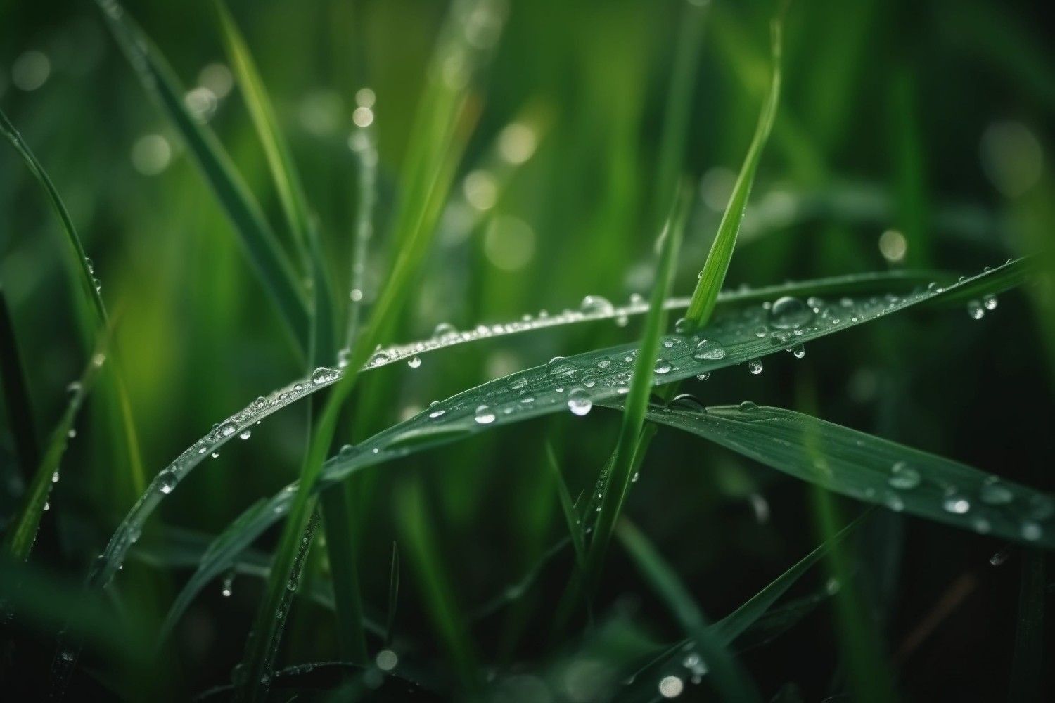 Primer plano de briznas de hierba verde con gotas de rocío brillantes bajo la suave luz de la mañana.